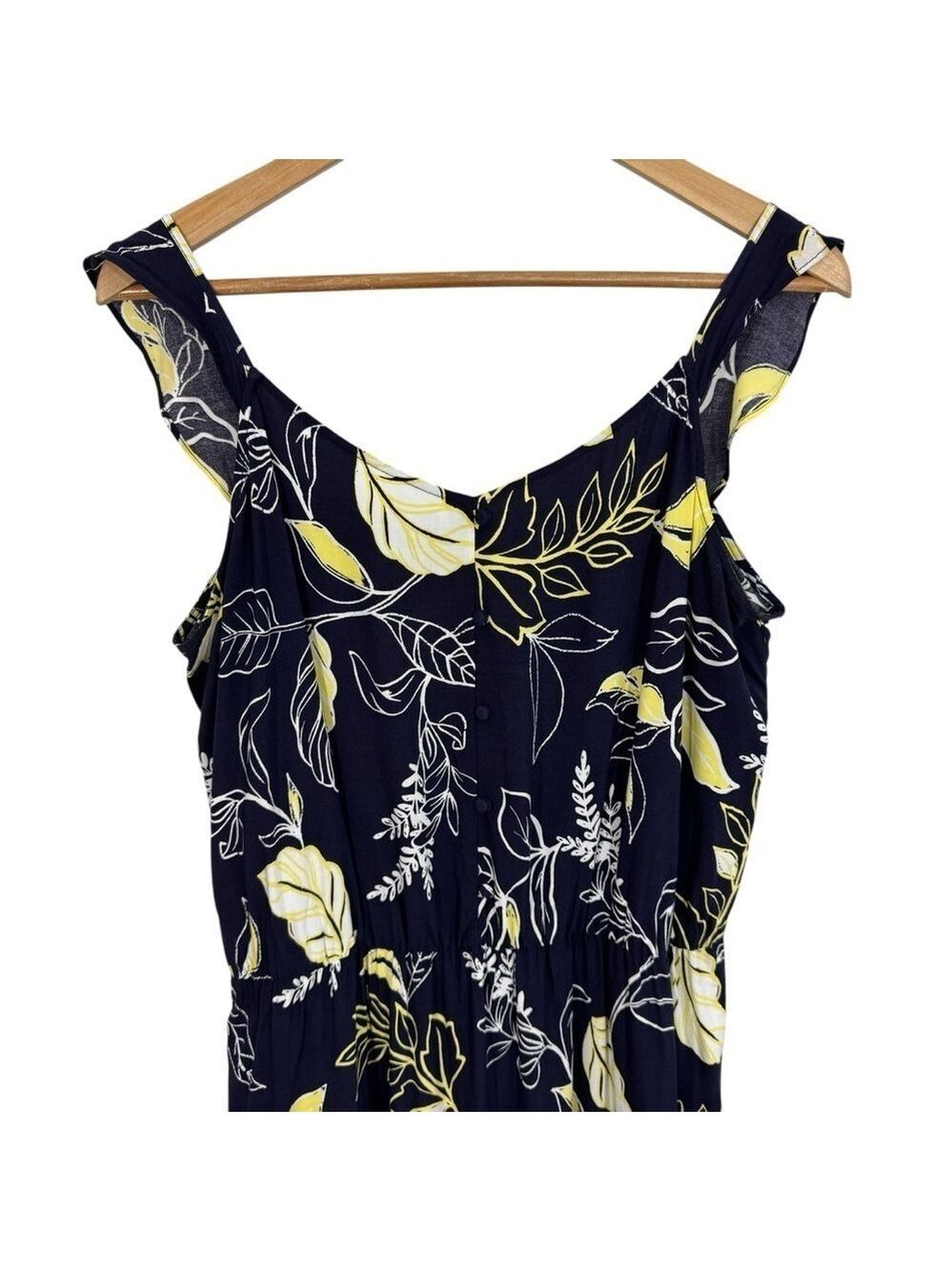 Reitmans Navy Leaf Print Sleeveless Maxi Dress Sz L Floral Tropical Classy EUC